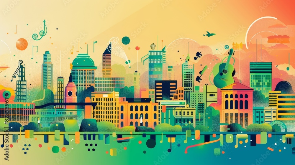 An illustration of a cityscape divided into different sections each one representing a specific music genre and showcasing their impact on the citys cultural scene.