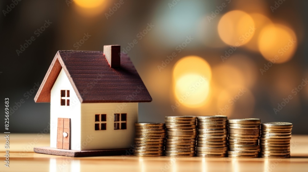 Mini house on stack of coins. Concept of property investment, income, tax, and passive income Mini house on stack of coins. Concept of property investment, income, tax, and passive income