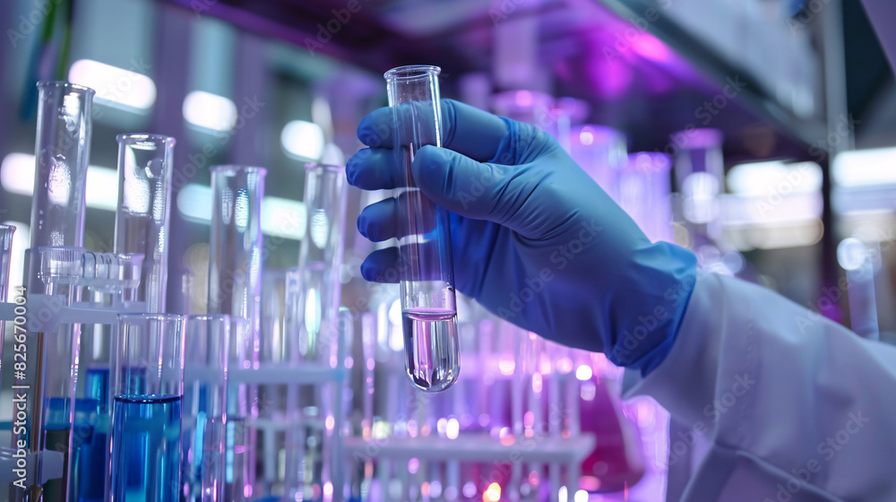 Close-up of a scientist's hands holding a test tube with a solution in a lab Close-up of a scientist's hands holding a test tube with a solution in a lab