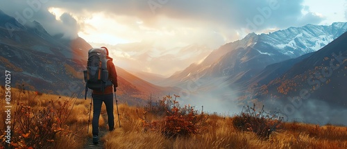 A hiker with backpacks is looking at the mountains in autumn, beautiful nature landscape, cloudy sky, adventure travel concept photo