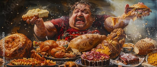 A fat man eating an endless amount of food, surrounded by many delicious dishes such as breads and cakes. The scene is filled with laughter and joyous smiles on his face, with no signs of future glutt photo
