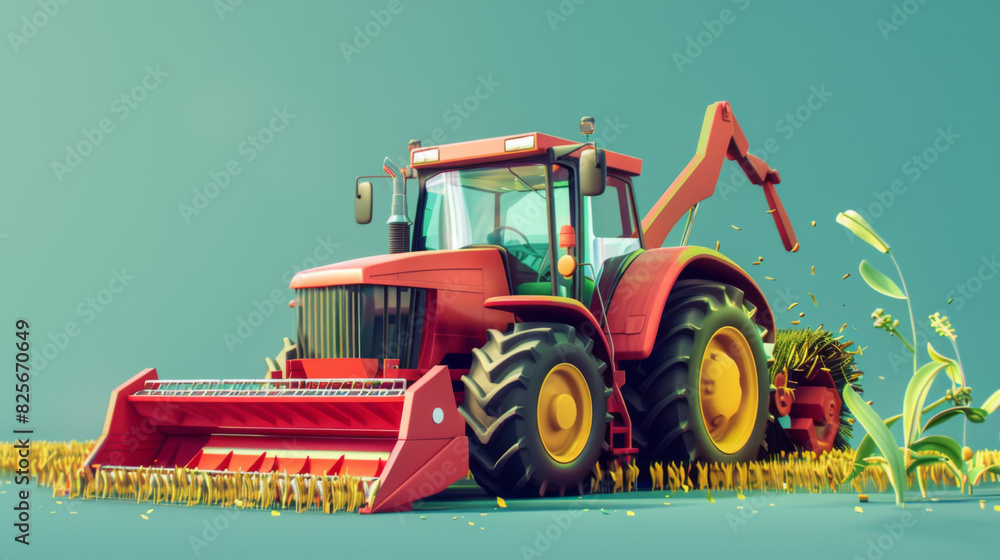 Obraz premium Bright red tractor equipped with modern harvesting equipment, actively working in a golden wheat field under a clear sky.