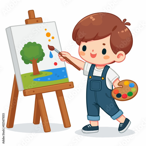 Vector Illustration of Boy Painting Happily