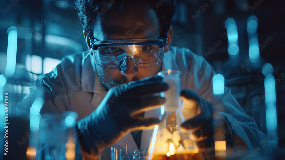Scientist holding a flask with a chemical reaction in a lab Scientist holding a flask with a chemical reaction in a lab