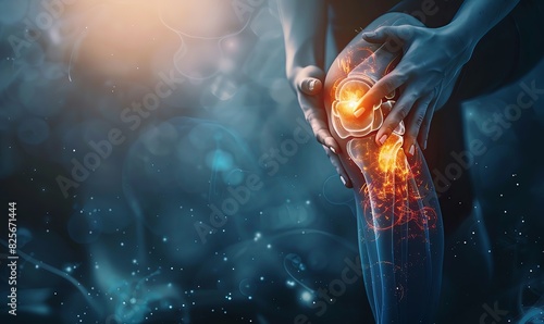 Closeup of a woman's hands holding her knee in pain, focusing on the skeleton and glowing human joint, in the style of a vector illustration against a dark background. Close up view suitable for an ad photo