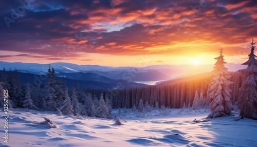 A stunning dramatic sky with vibrant snow winter frozen mountains landscape, beautiful sunset view, cool place in Antarctica