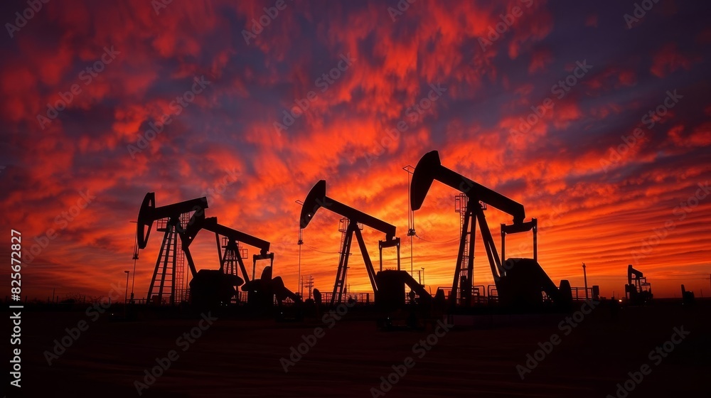 striking silhouettes of oil rigs against fiery desert sunset sky dramatic landscape photography striking silhouettes of oil rigs against fiery desert sunset sky dramatic landscape photography