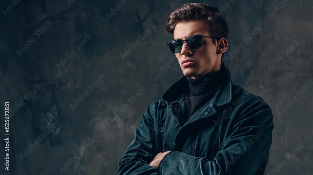 stylish young man in trendy outfit exuding confidence against dramatic dark background fashion banner
