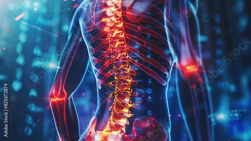 human back pain, with a red glowing area of the spine on a blue background with an X-ray effect, closeup medical concept showing anatomy in a panoramic style. 