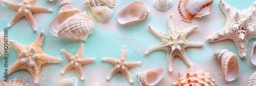Beautiful background. Abstract background of pastel colored starfish and seashells. Beautiful background © Mentari