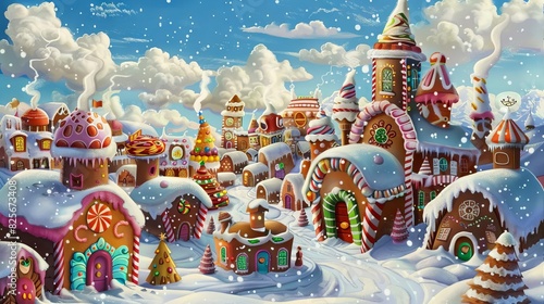 whimsical gingerbread village with colorful candy decor and snowy rooftops festive christmas scene digital painting
