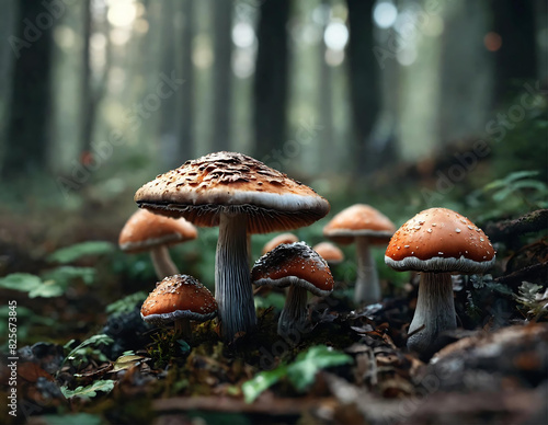 Family of fly mushrooms in the forest. Close up photo of mushrooms with red caps