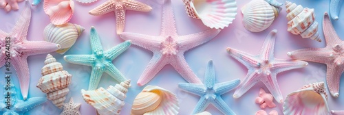 Beautiful background. Abstract background of pastel colored starfish and seashells. Beautiful background