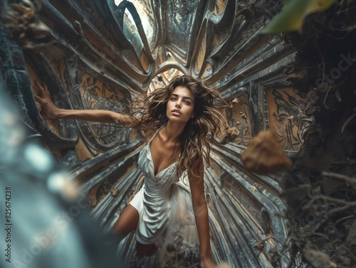 Young Woman in White Dress Exploring Mysterious Dark Tunnel with Intricate Patterns