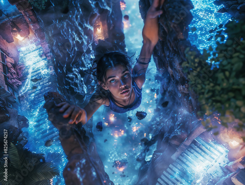 Young Woman Climbing Rock Wall in Mystical Cave with Glowing Blue Water at Night
