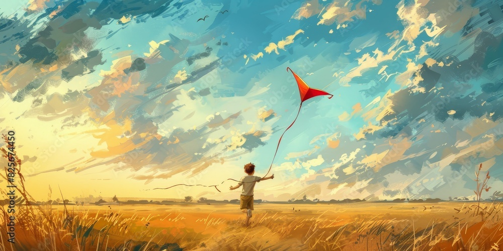 A boy is flying a kite in a field generated by AI Stock Illustration ...
