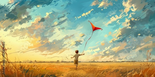 A boy is flying a kite in a field generated by AI photo