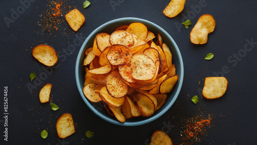 Homemade air-fried potato chips with paprika. Healthy snack American cuisine concept