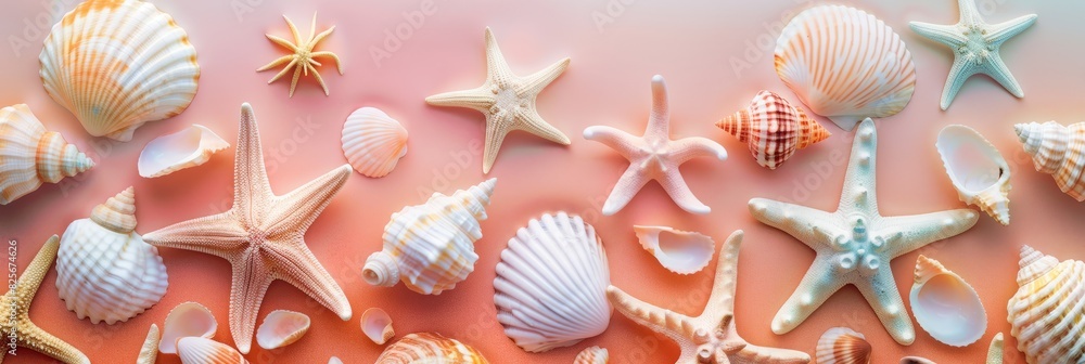 Beautiful background. Abstract background of pastel colored starfish and seashells. Beautiful background Beautiful background. Abstract background of pastel colored starfish and seashells. Beautiful background