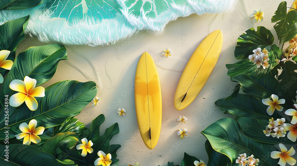 3D rendering of yellow surfboards on the beach with tropical leaves and ...