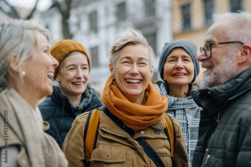 Portrait of a happy senior woman with her friends on the street