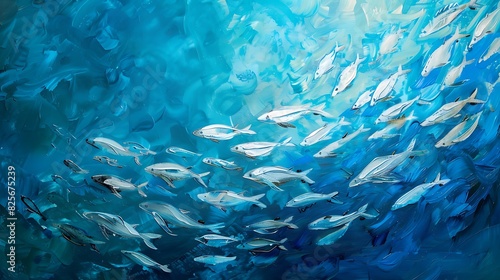 A school of silver fish darting playfully through the depths of a blue ocean.