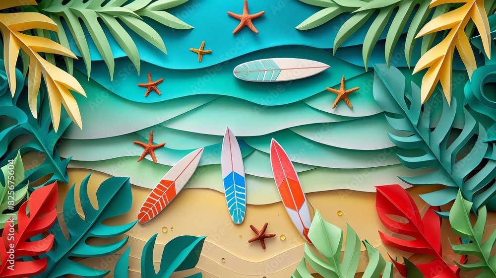 3d paper art of beach with surfboards and starfish, top view, tropical ...