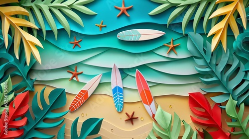 3d paper art of beach with surfboards and starfish, top view, tropical leaves on the sides, sea waves in background, colorful, detailed,