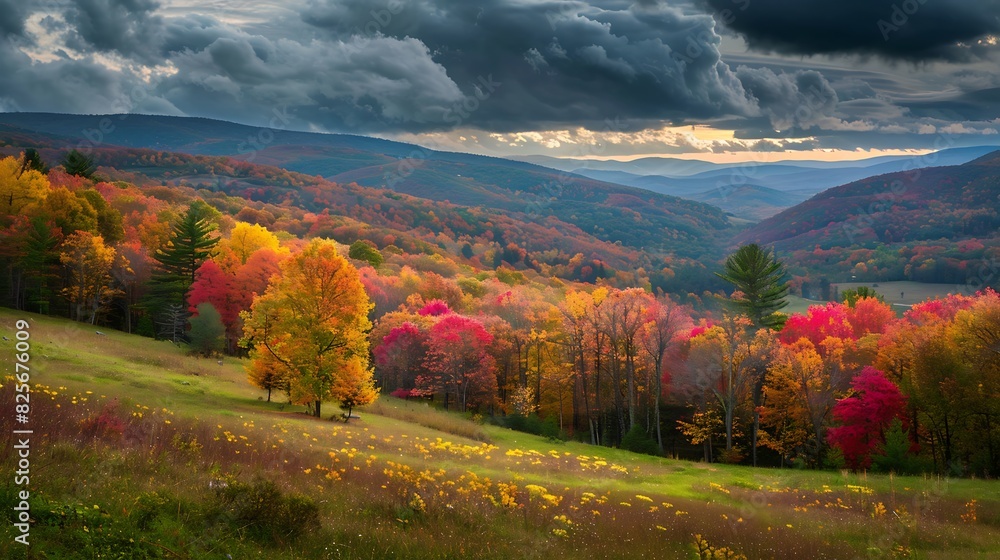A serene autumn landscape with colorful foliage blanketing the hillsides, creating a breathtaking display of nature's beauty.