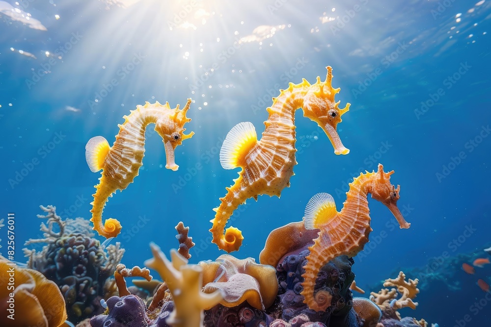 yellow seahorses on the sea near reef yellow seahorses on the sea near reef