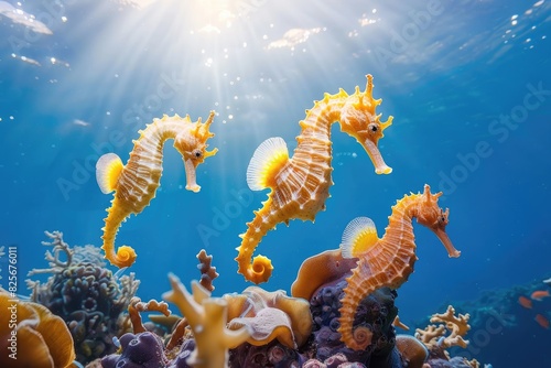 yellow seahorses on the sea near reef
