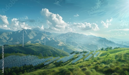 Solar panels and wind turbines in the green fields and mountains, energy distribution, electricity