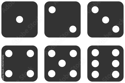 Set of six black dices isolated on white background.