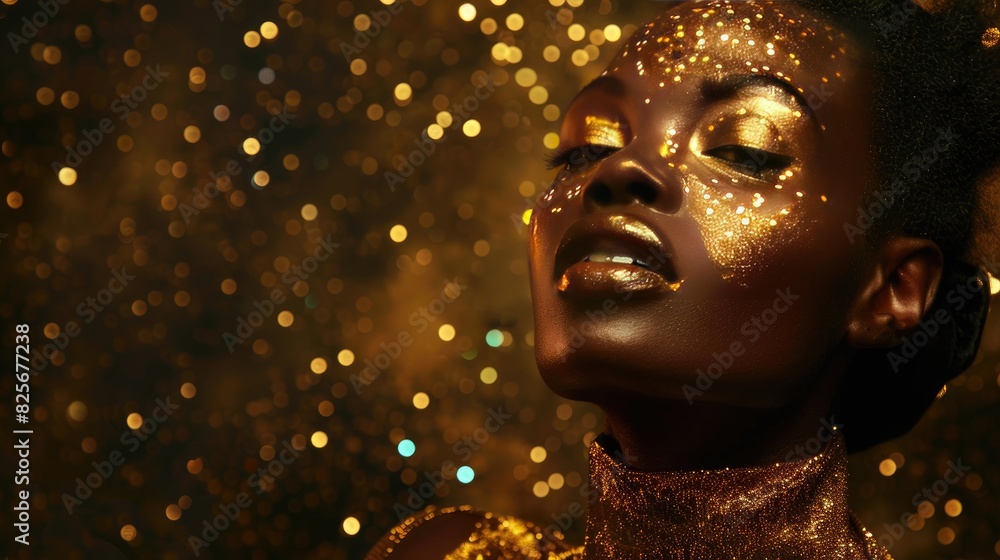 Glamorous Woman with Gold Face Paint and Sparkles Embracing Luxury and Elegance in a Magical Glow Glamorous Woman with Gold Face Paint and Sparkles Embracing Luxury and Elegance in a Magical Glow