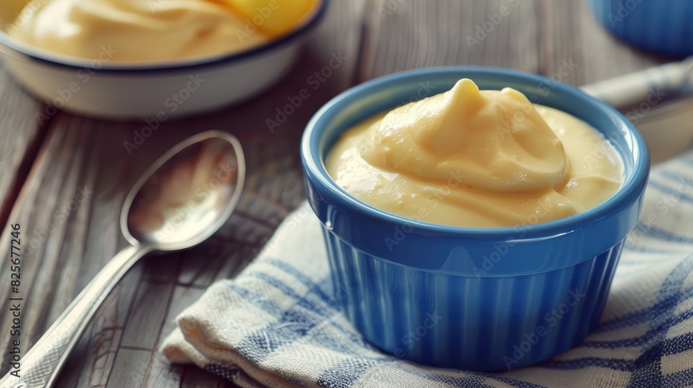 Blue bowl containing peach yogurt Blue bowl containing peach yogurt