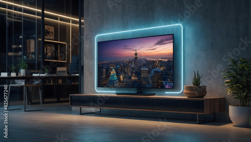 Smart tv in modern interior office design with neon lights  3d render. Generative ai.