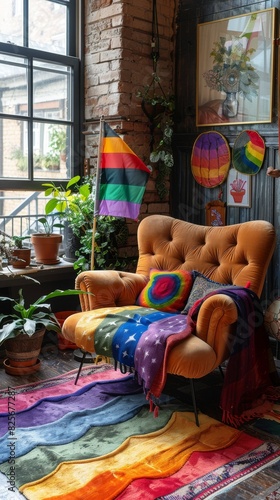 An interior of a home with a cozy, inviting room that has a rainbow flag and other lgbtq pride decor.