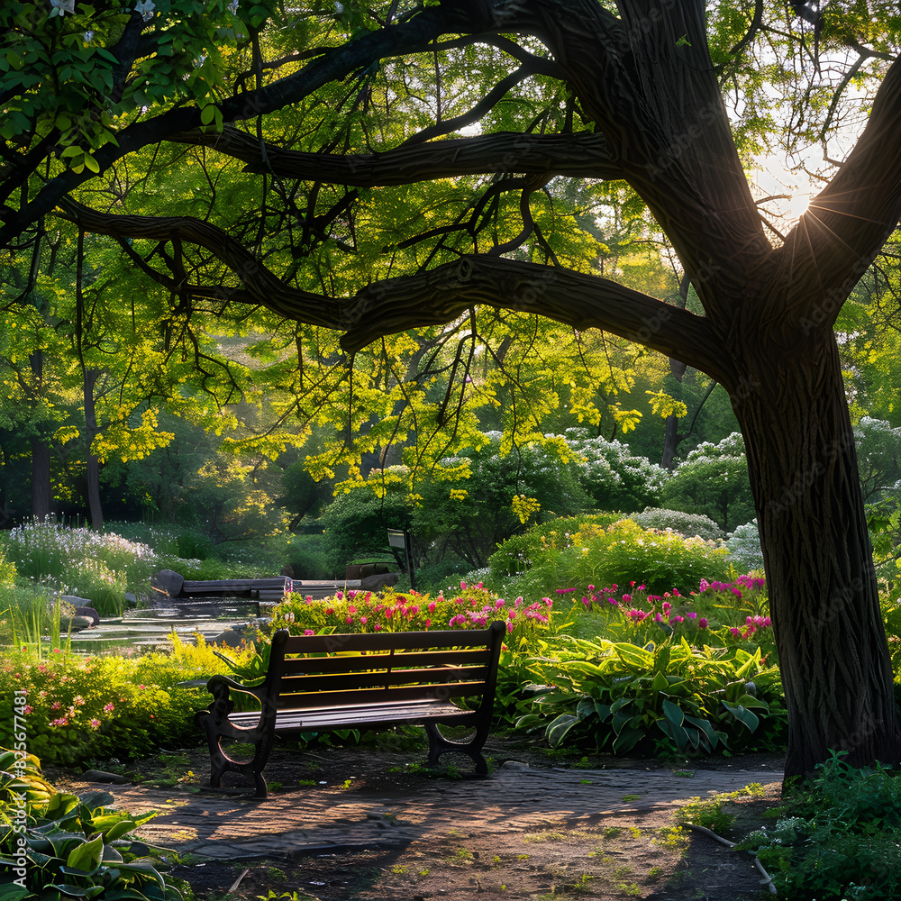 Tranquil Park Bench Under Leafy Tree: Perfect Spot for a Peaceful Break Amidst Nature