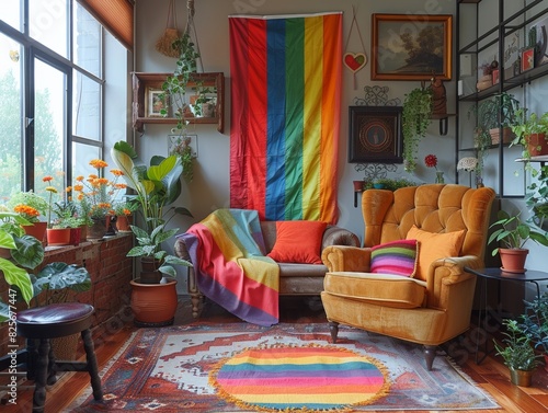 An interior of a home with a cozy, inviting room that has a rainbow flag and other lgbtq pride decor.