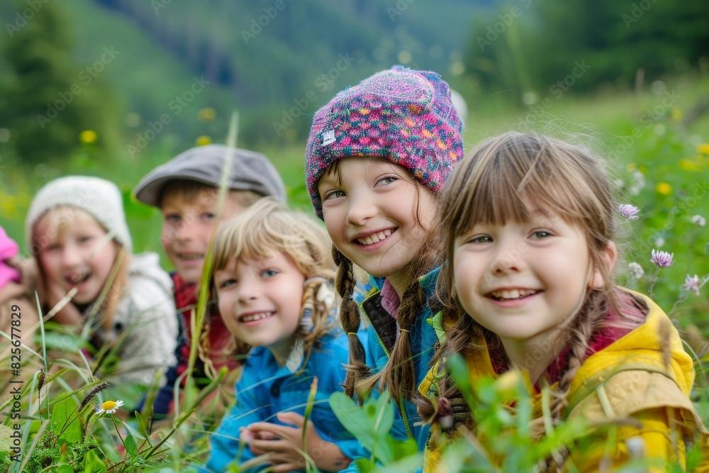 Group of happy kids on a meadow with wildflowers. Group of children playing outdoors. Group of happy kids on a meadow with wildflowers. Group of children playing outdoors.