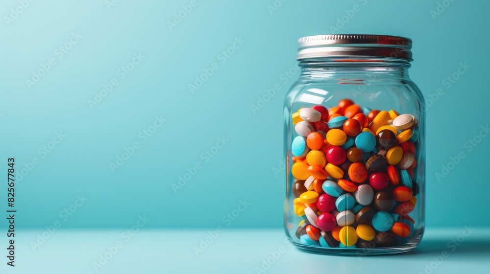 Glass Jar Filled with Colorful Pills and Capsules on a Blue Background Glass Jar Filled with Colorful Pills and Capsules on a Blue Background