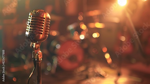A retro-style microphone rests atop a stand, bathed in the warm hues of stage lighting, while the background fades into a dreamy blur of musical instruments