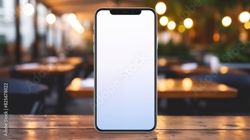 Modern mockup Smartphone with Blank Screen on Wooden Table in Restaurant with Bokeh Background.