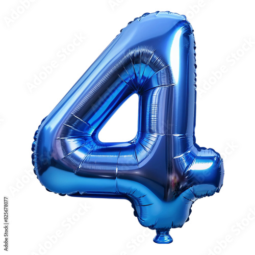Blue metallic 4 number balloon Isolated on transparent background
