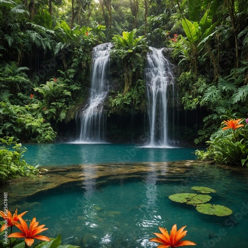 Rainforest Waterfall: A powerful waterfall cascading into a clear pool surrounded by lush green foliage and vibrant tropical flowers, with birds and butterflies fluttering around.   © Muhammad