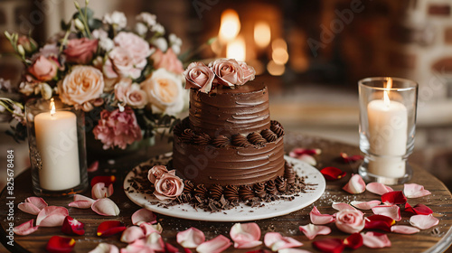 A chocolate wedding cake surrounded by rose petal