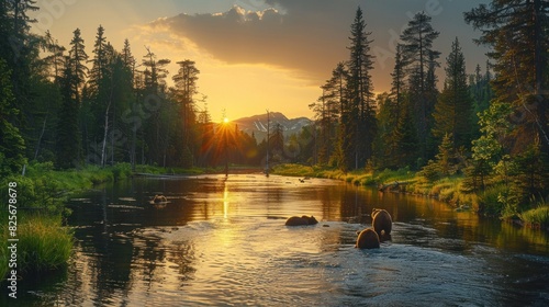 The last rays of sunlight casting a warm glow over a secluded forest clearing where bears are fishing in a sparkling river photo