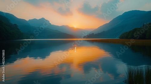 Sunset Over Tranquil Mountain Lake. Tranquil sunset over a mountain lake with colorful reflections on the water, creating a serene and picturesque landscape. © Old Man Stocker