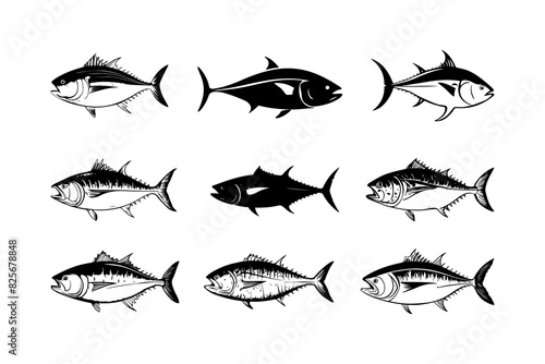 Tuna tunny fish sketch engraving vector illustration. T-shirt apparel print design. Scratch board imitation. Black and white hand drawn image. photo