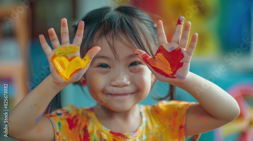 A Cute Asian Little Child Girl With Painted Hands Made A Heart Shape, Spreading Love And Joy, Hd Images